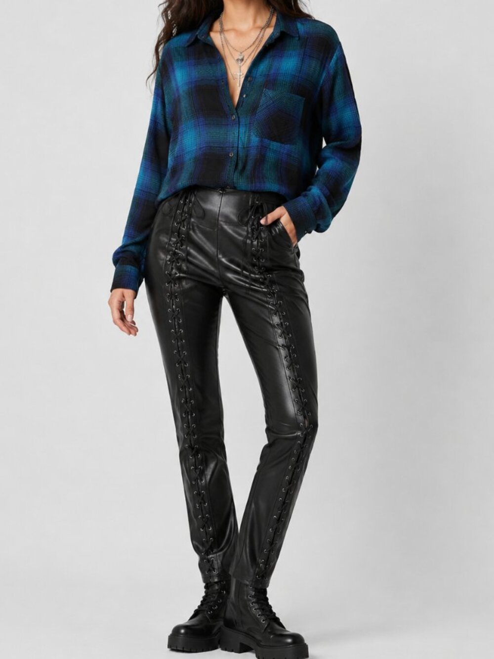 2-Piece SET: “Vintage Boyfriend” Button Up Shirt + Lace-up faux leather pant